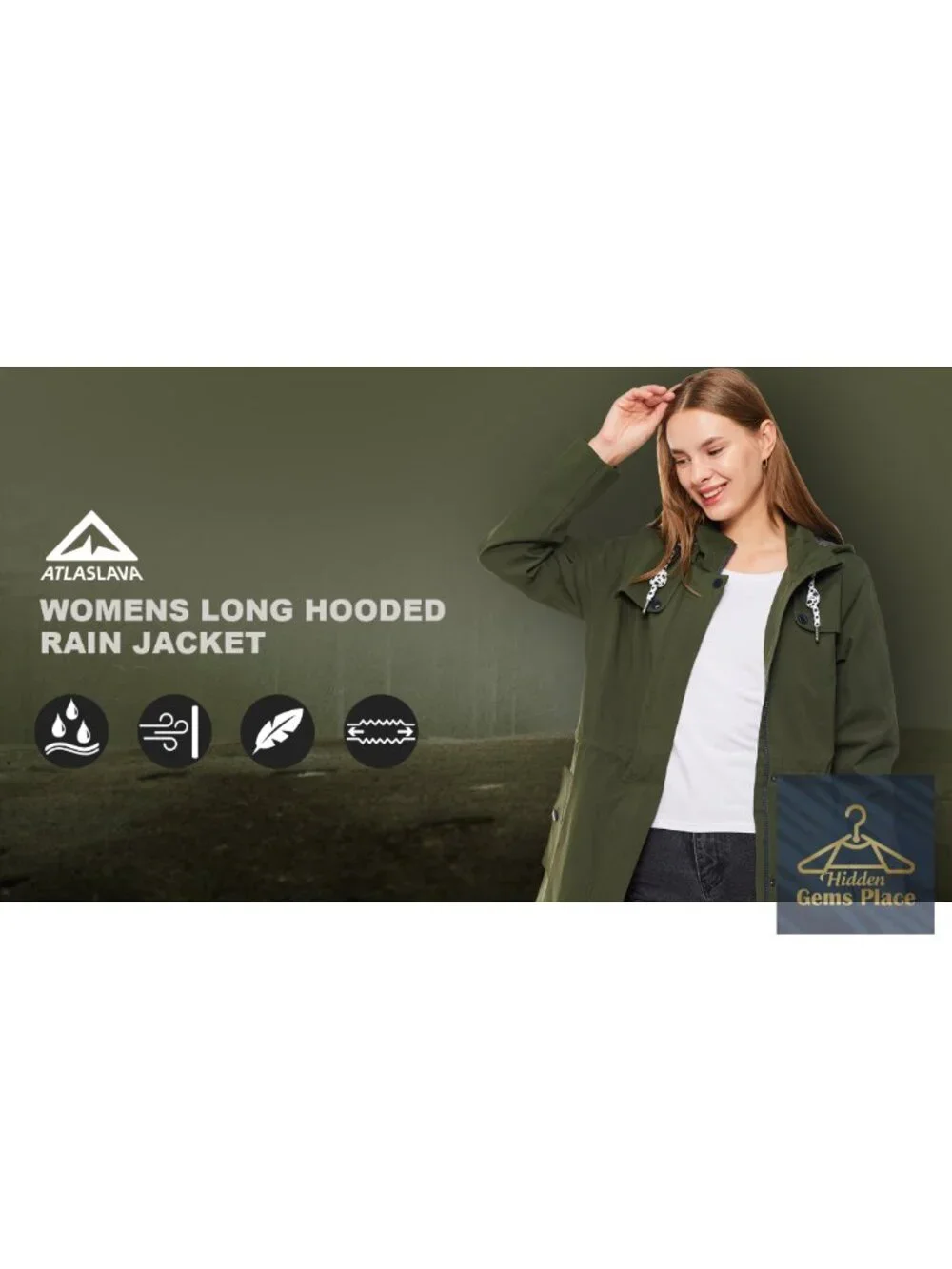 ATLASLAVA Women's Waterproof Long Raincoat Hooded Windbreaker Outdoor Trench